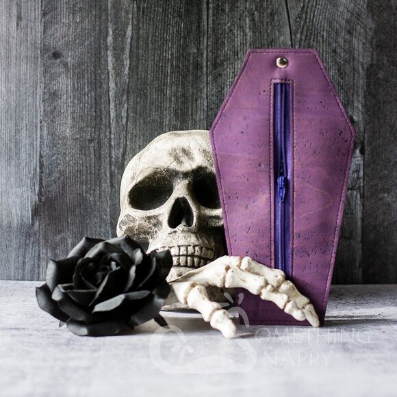 Something Snappy Love Me Dead Large Purple Cork Coffin Wallet - Picture 2 of 2